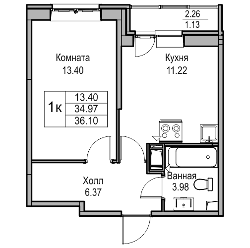 1-комнатная 36.1 м²