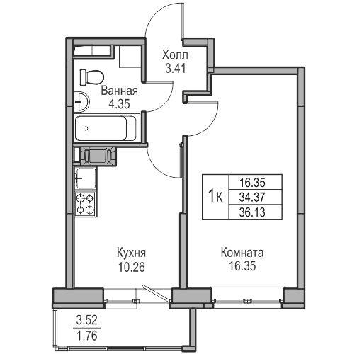 1-комнатная 36.13 м²