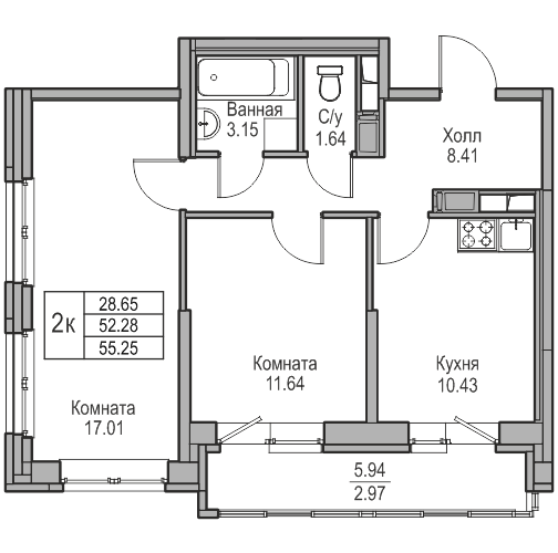 2-комнатная 55.25 м²