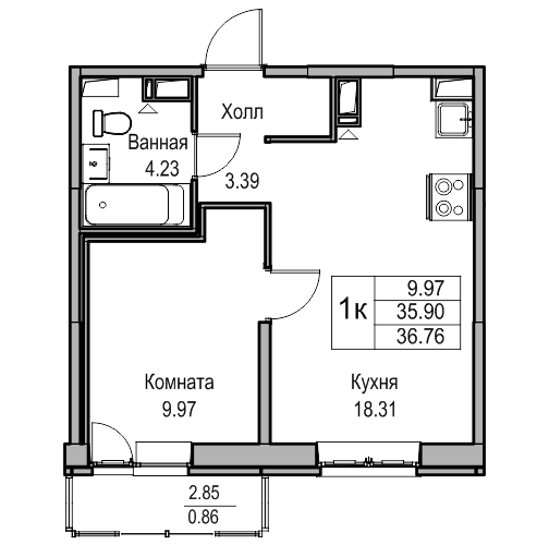 1-комнатная 36.76 м²
