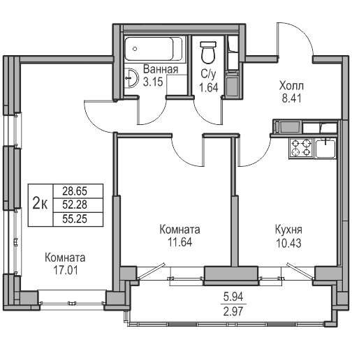 2-комнатная 55.25 м²