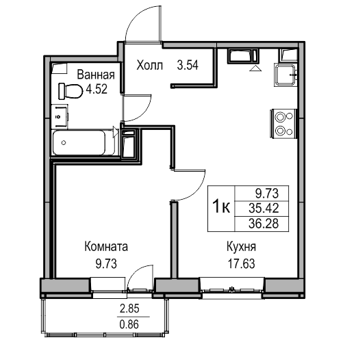 1-комнатная 36.28 м²