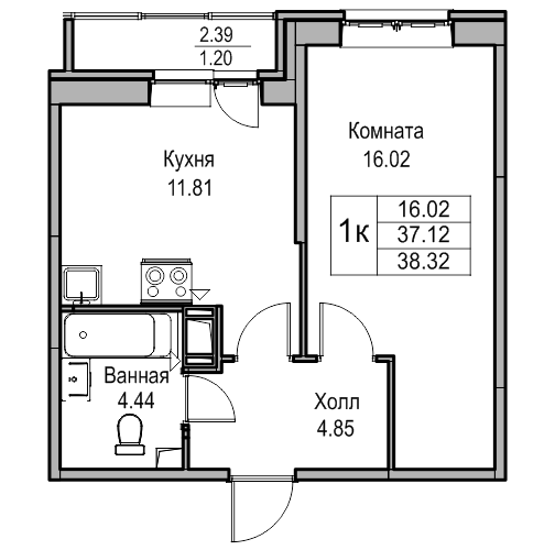 1-комнатная 38.32 м²