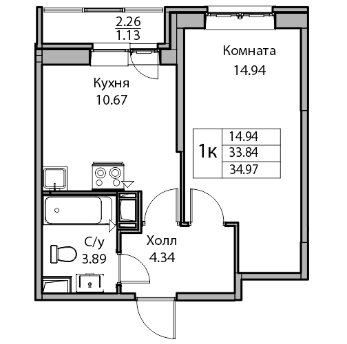 1-комнатная 34.9 м²
