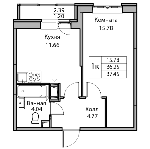 1-комнатная 37.4 м²