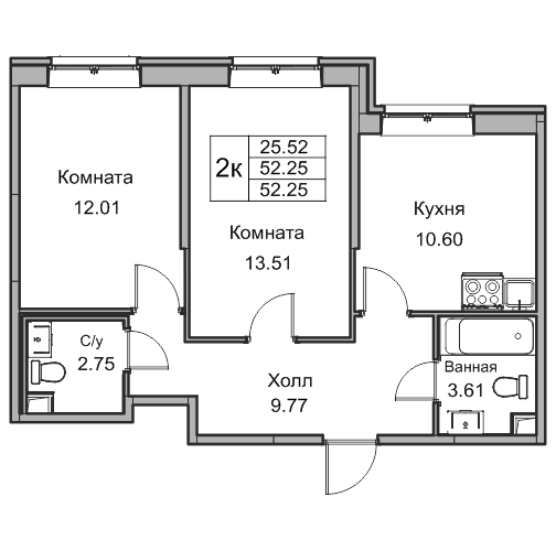 2-комнатная 52 м²